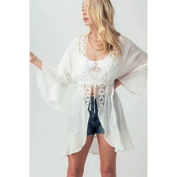 CLEARANCE Off White Boho Crochet Ruffle Bell Sleeve Cardigan - Picture 2 of 4